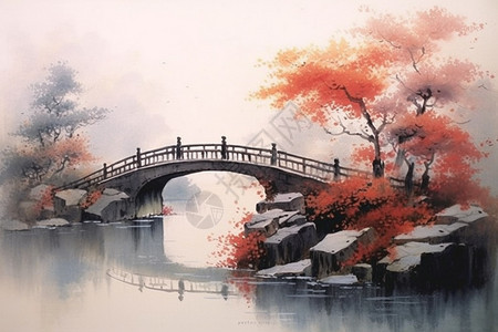 秋季的中式意境桥梁图片