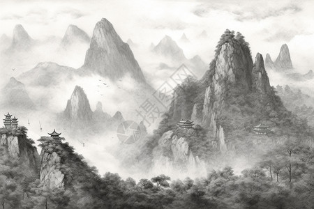 素描中国山峰图片
