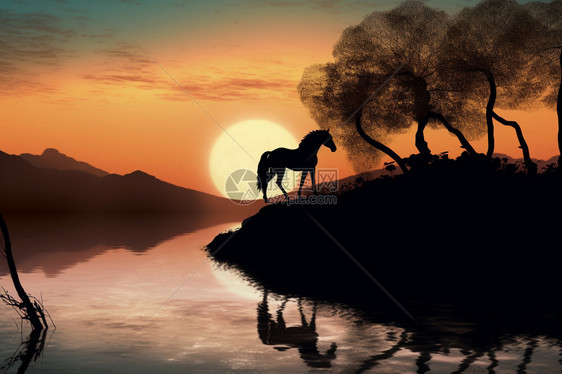 岸边孤独的马插画图片