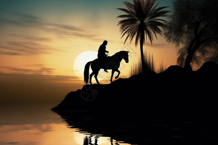 夕阳下骑马的男人插画高清图片