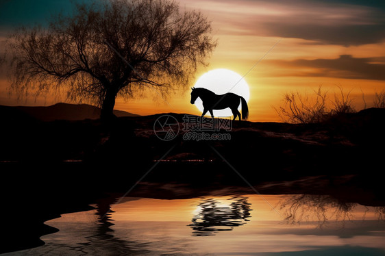 夕阳下的马插画图片