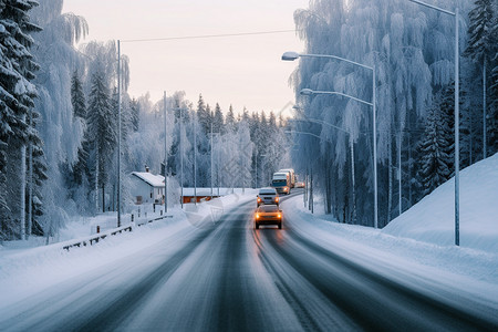 汽车在冰雪路上慢行高清图片