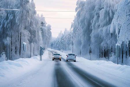 车辆行驶在雪路上图片