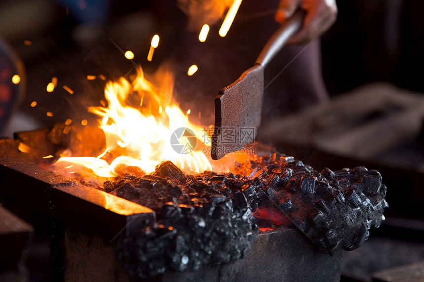 铁匠在利用炭火锻造工具图片