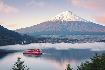 雪山下的湖面观光船图片