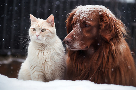 雪地中的猫狗图片