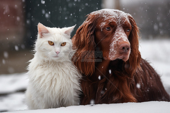 户外雪地中的猫狗图片