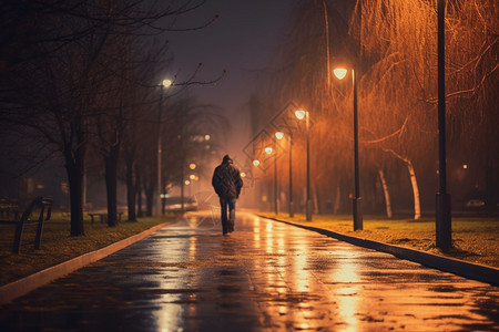 雨天路灯下雨道路中的行人背景