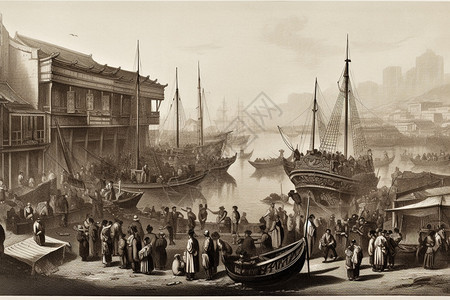 一幅上世纪港口景象的画图片
