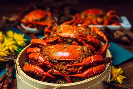 一道美味的大闸蟹晚餐图片