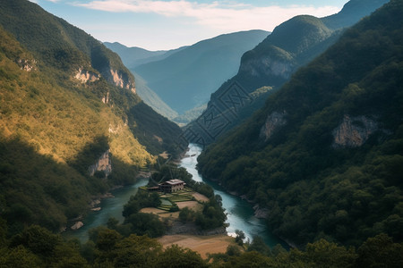 郁郁葱葱的山谷和河流图片