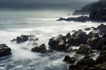 汹涌海浪和岩石图片