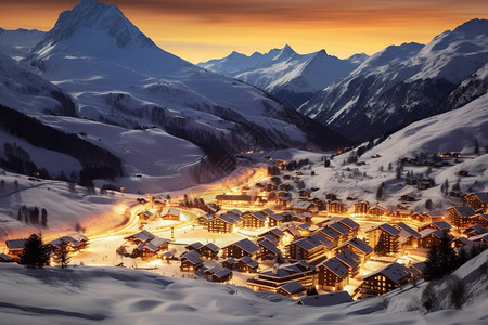 山村夜晚灯火通明的雪山村庄背景