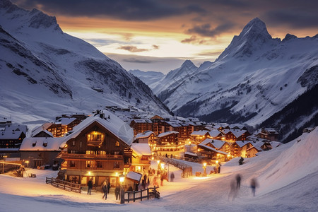 山村夜晚雪山下的美丽村庄背景