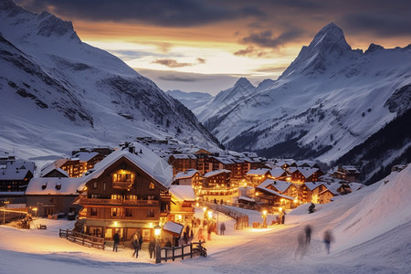 雪山下的美丽村庄图片