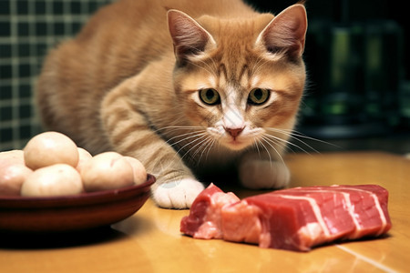 一块生肉和猫咪图片