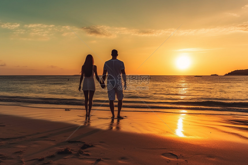 夕阳下牵手散步的情侣图片