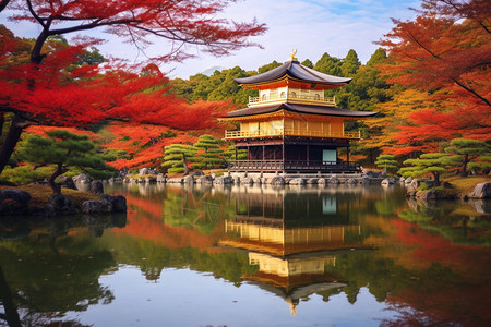 日本建筑金阁寺秋季湖面上的金阁寺背景