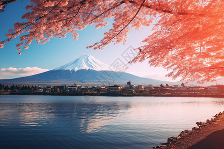 湖面上富士山的倒影图片