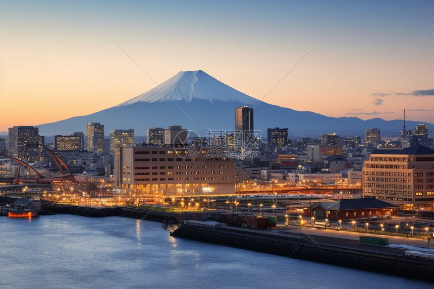 城市上空的富士山图片