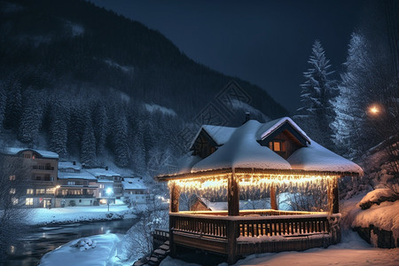 冬季山中的凉亭图片