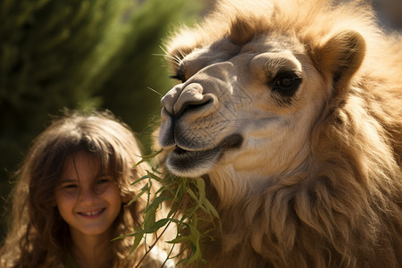 抱着骆驼的小女孩背景图片