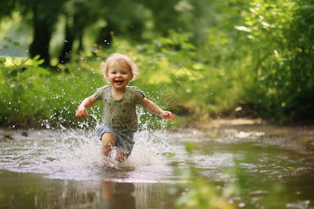 蹒跚学步的孩子在水塘中奔跑图片