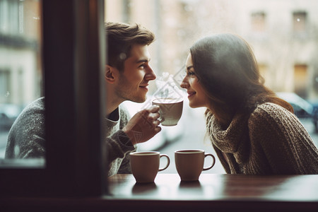 户外喝咖啡的情侣图片