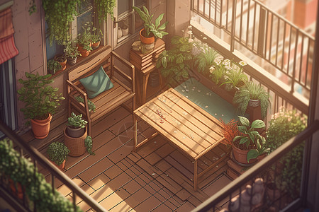 迷人的阳台花园艺术插图背景图片