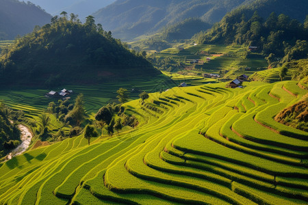 山脉丘陵中的田地图片