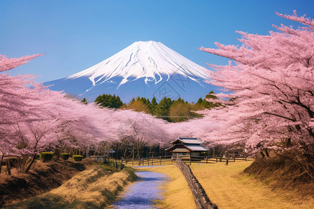 富士山下美丽的樱花图片