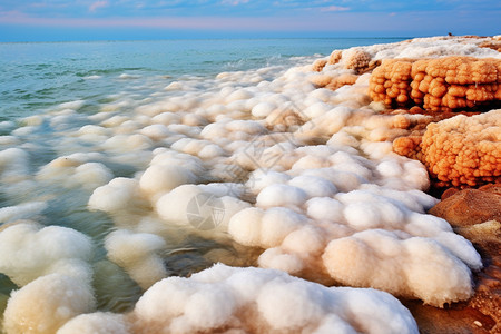 死海漂浮盐湖里结晶的白盐背景