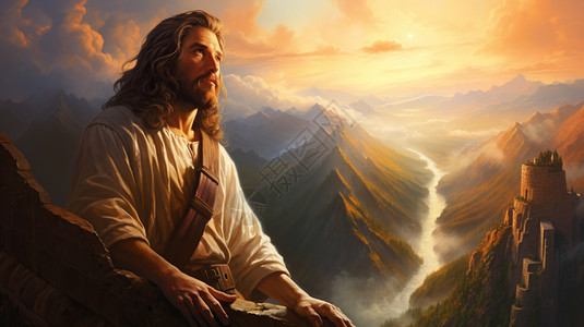 山间的耶稣卡通插图背景图片