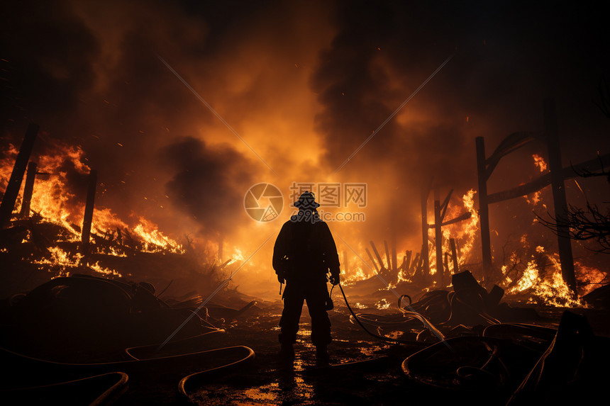 火焰背景下消防员的轮廓图片