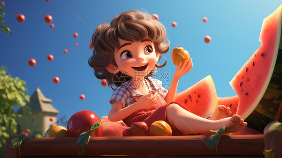 夏天吃西瓜的孩子卡通插图图片