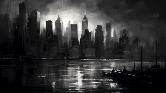 黑白城市景观水彩插图图片