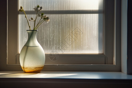 磨砂银窗台前的磨砂花瓶背景