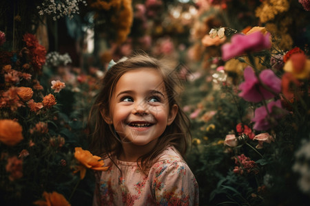 看着相机可爱小女孩与花园背景