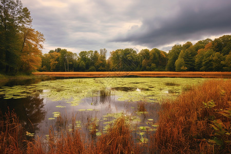 秋天凉爽秋天的湿地公园景色背景