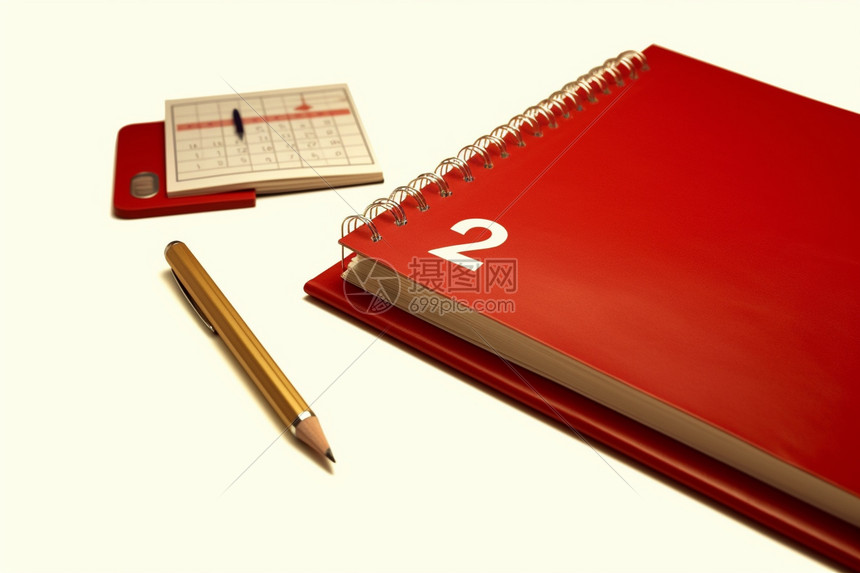 红色笔记本和铅笔图片
