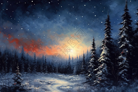 雪地和松树梦幻油画高清图片