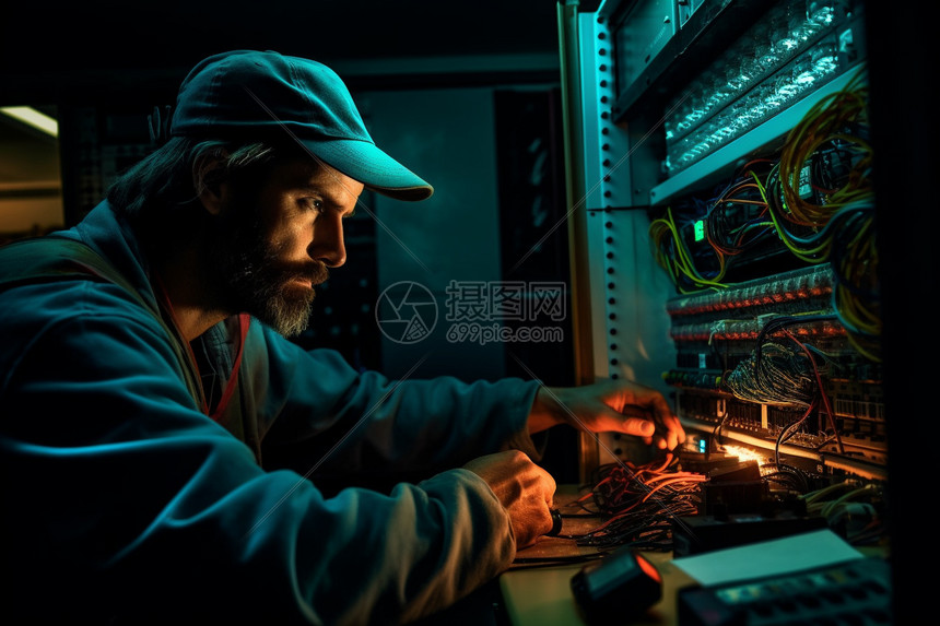 设备房维修光纤电缆的技术人员图片