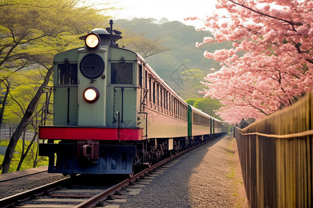 路旁有樱花的铁路图片
