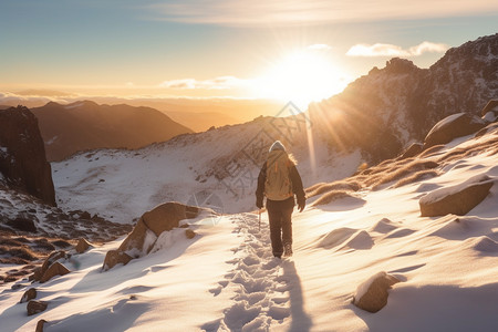 爬雪山的人风景背包客高清图片