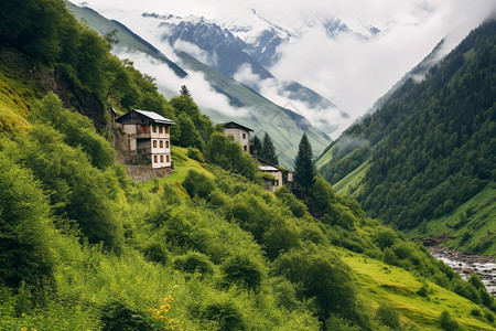 乡村的山脉和建筑图片