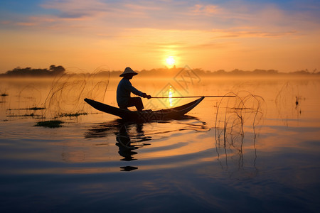 湖泊中钓鱼的农民图片