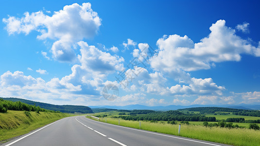 蓝天白云下的公路风景图片