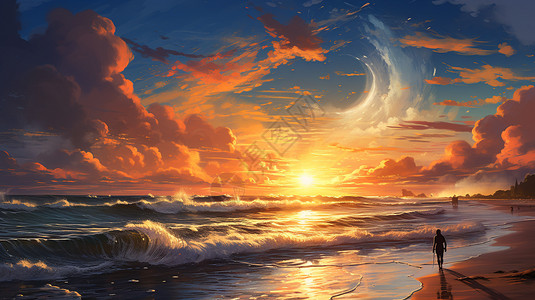 海边日落插画图片