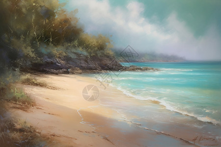 大海沙滩的油画图片