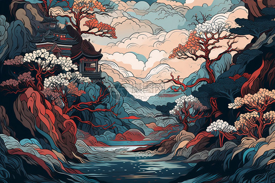 手绘彩色风景插画图片